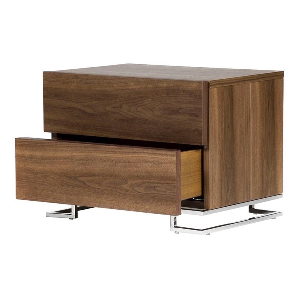 Pangea Home Harper Modern Wood Veneer & Polished Steel Night Stand In Walnut