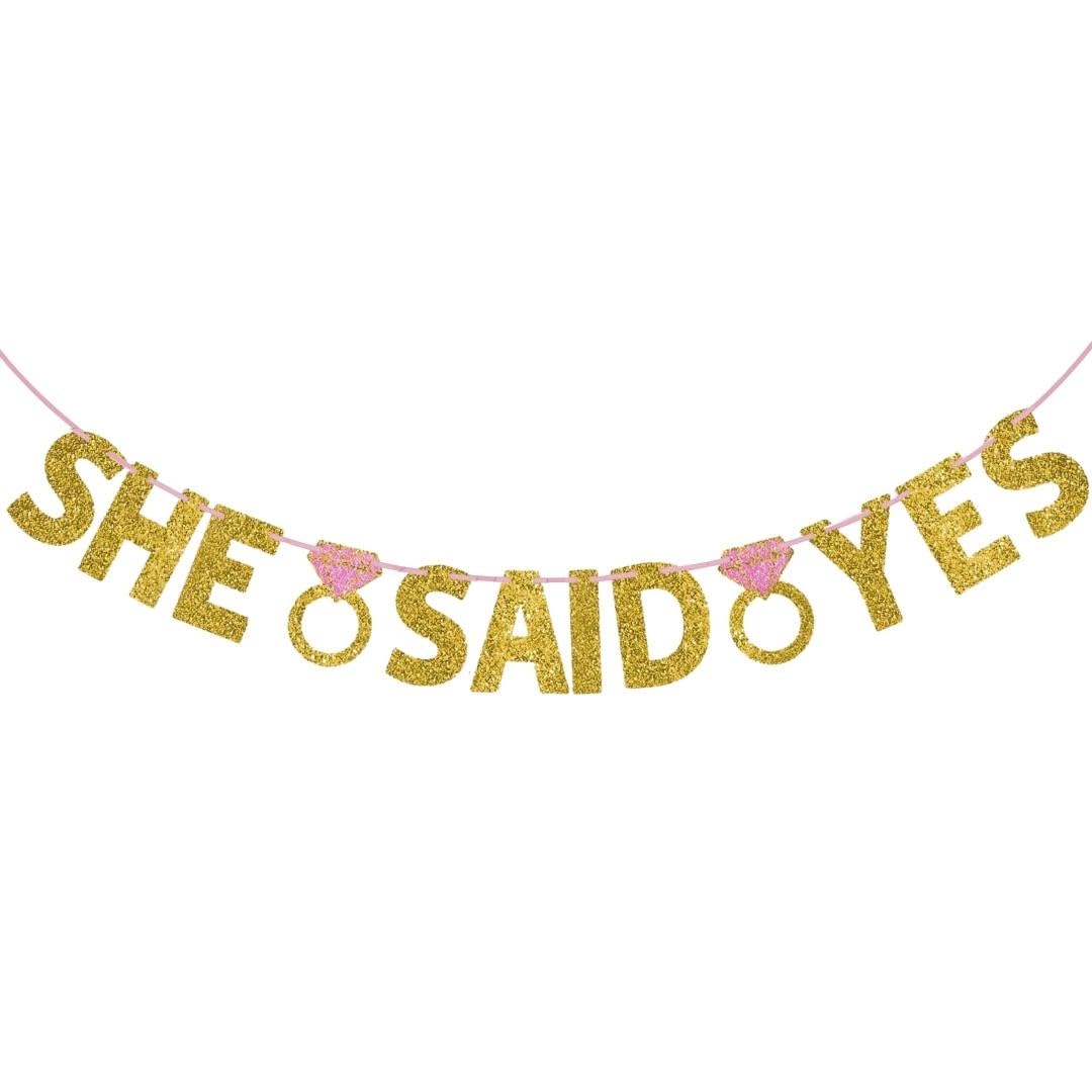Sparkling 'She Said Yes' Wedding Letter Banner - 6' Letters With 12' Ribbon | Stunning Gold & Pink Glittered Paper | Perfect
