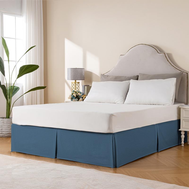 Miye Pleated Waffle Weave Bed Skirt, Tailored Dust Ruffle 22 Inch Drop Easy Fit, Machine Washable (Blue, Twin - 22'' Drop)