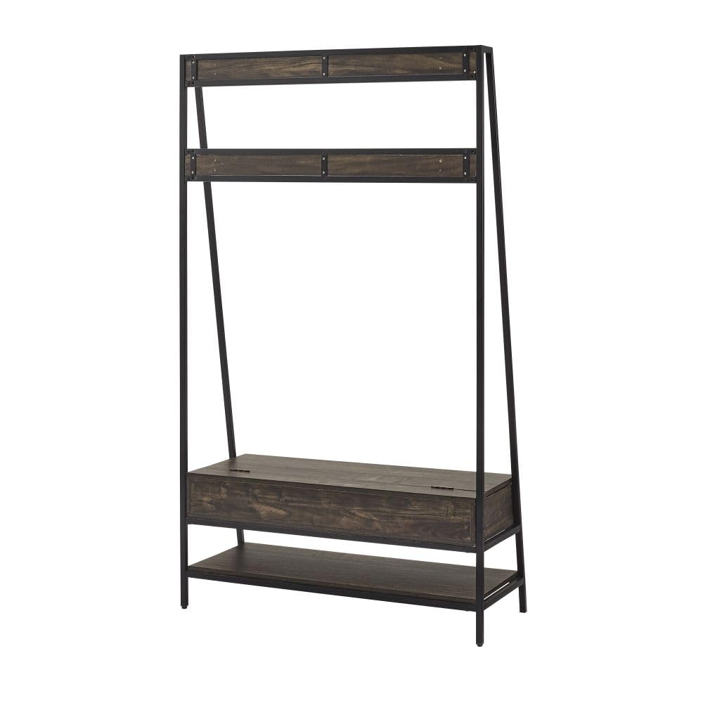 Crosley Furniture Jacobsen Hall Tree with Storage Bench, Shoe Shelf, and Coat Rack Hooks for Hanging, Brown Ash