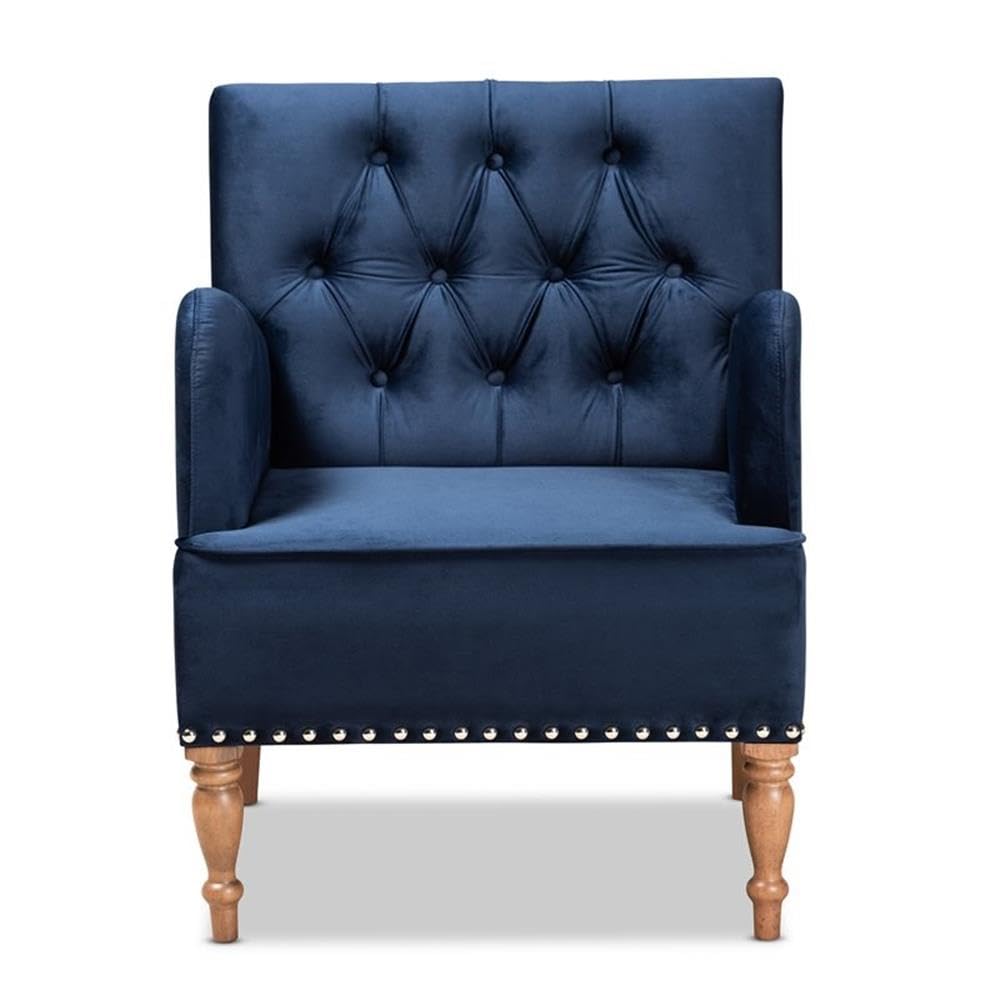 Baxton Studio Eri Blue Velvet Upholstered and Brown Finished Wood Armchair