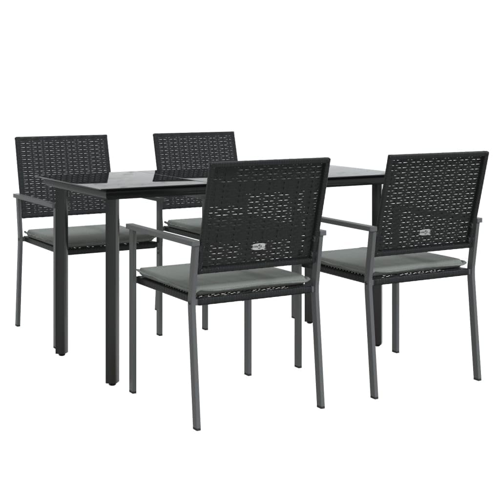 vidaXL 5-Piece Patio Dining Set - Weather-Resistant PE Rattan with Steel Frame, Table with Tempered Glass Tabletop, Black Dining Chairs with Light Gray Cushions, Onesize