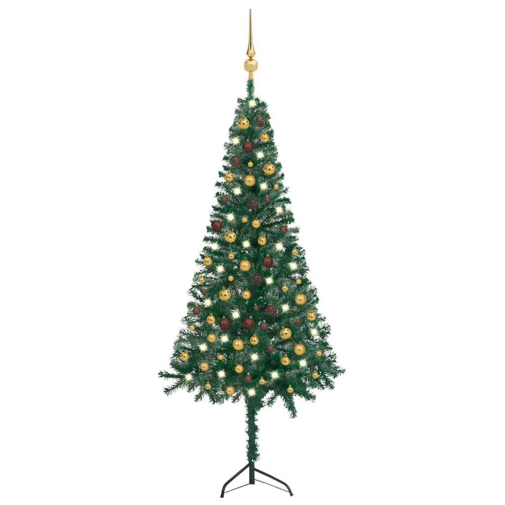 Vidaxl Corner Artificial Christmas Tree - Energy-Efficient Leds, Includes Gold & Bronze Balls Set - Green Pvc Christmas Tree With Stable Steel Stand, Easy Assembly - Ideal For Small Spaces, 82.7&quot;