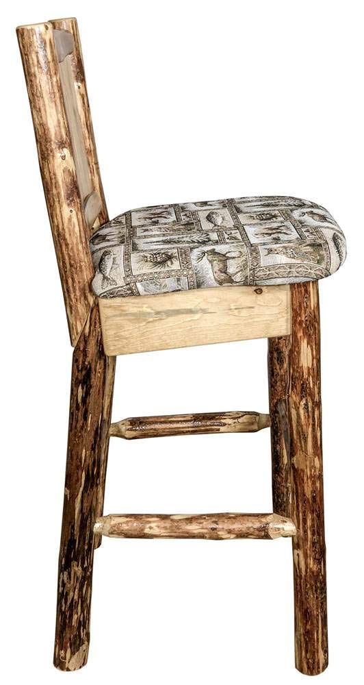 Montana Woodworks Glacier Country Collection Barstool with Upholstered Seat, Woodland Pattern, Laser Engraved Moose Design, Stained & Lacquered