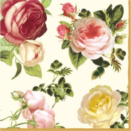 Paper Luncheon Napkins 40pcs 13''x13'' 4-color Roses White, Yellow, Light & Dark Pink, Decoupage