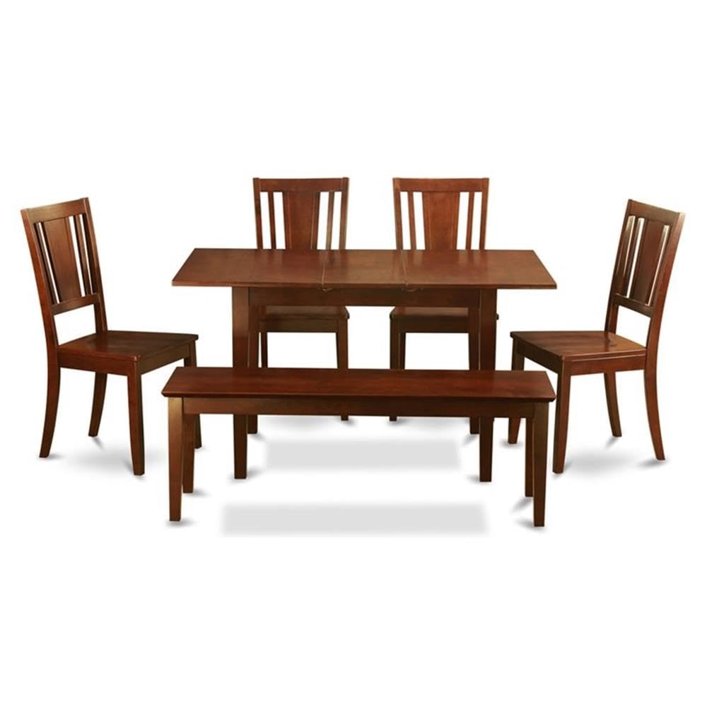 East West Furniture Norfolk 6 Piece Set Contains a Rectangle Dining Room Table with Butterfly Leaf and 4 Kitchen Chairs with a Bench, 32x54 Inch, Mahogany