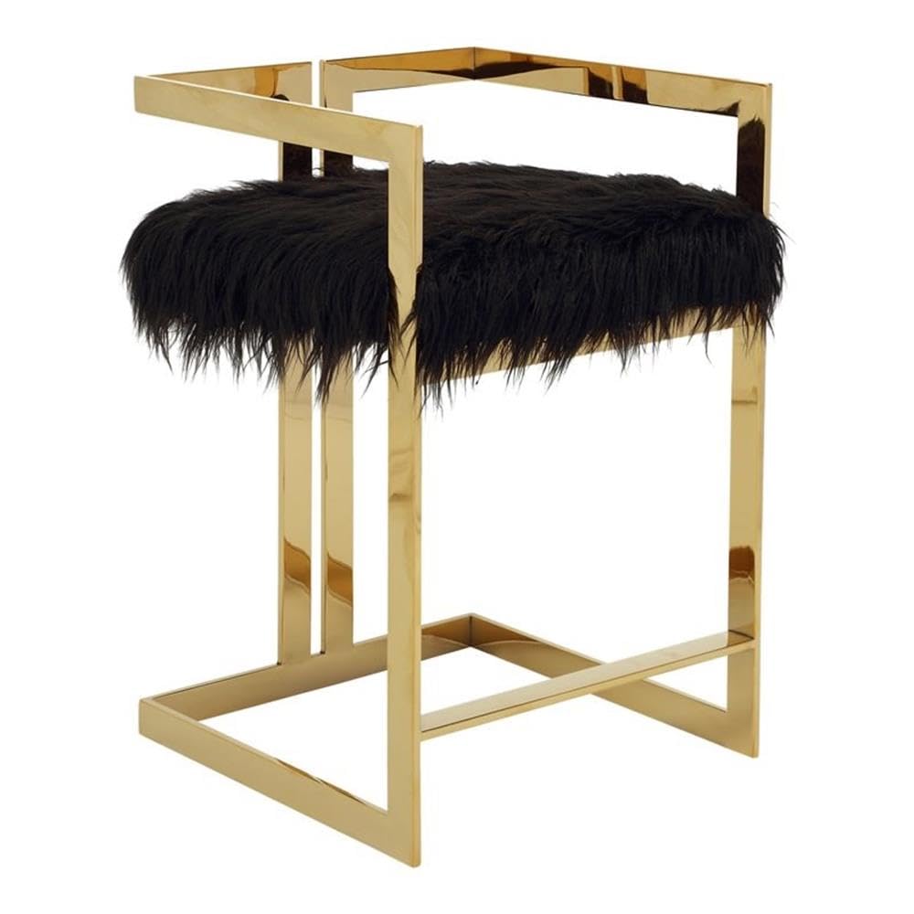 Pangea Home Kenzie 23.6&quot; Stainless Steel & Faux Fur Counter Stool In Black/Gold
