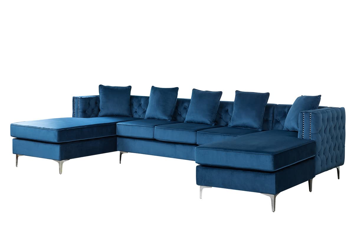 Lilola Home Ryan Deep Blue Velvet Reversible Sectional Sofa Chaise with Nail-Head Trim