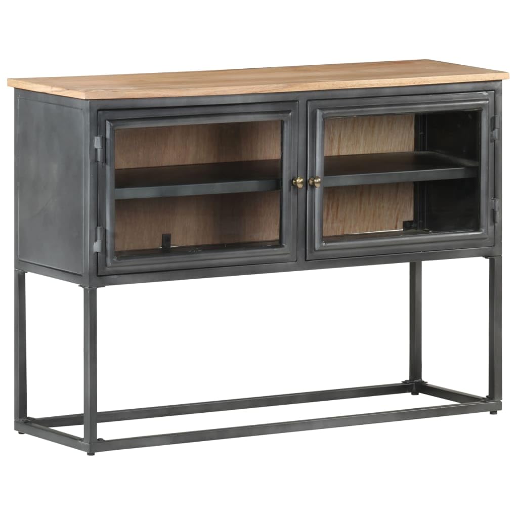 vidaXL Solid Acacia Wood Sideboard - Gray Industrial Style Vitrine Cabinet with Glass Doors and Steel Legs, 39.4&quot;x11.8&quot;x27.6&quot;