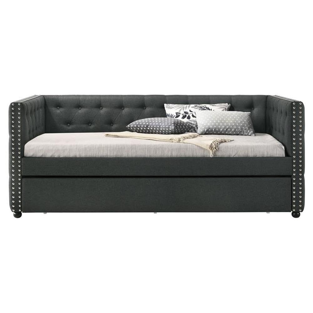 Acme Romona Button Tufted Fabric Upholstered Twin Daybed and Trundle in Gray