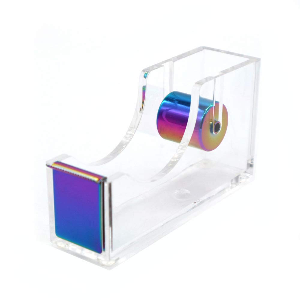 Rainbow Adhesive Tape Dispenser Clear Acrylic Body Desktop Tape Holder 1' Colorful Metal Core For Your Desk And Office Supplies