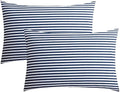 Jellymoni 100% Natural Cotton Striped Queen Pillowcases Set, 2 Pack White And Dark Blue Stripes Pattern Printed Pillow Covers Wi