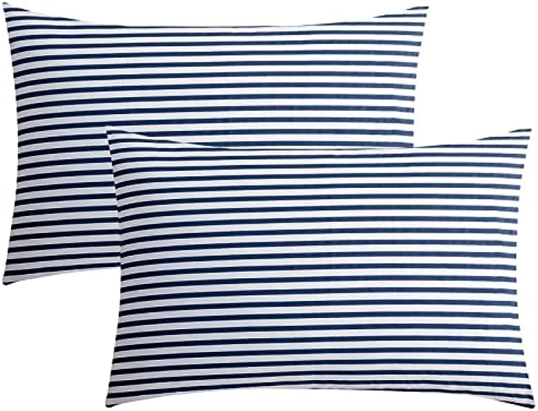 Jellymoni 100% Natural Cotton Striped Queen Pillowcases Set, 2 Pack White And Dark Blue Stripes Pattern Printed Pillow Covers Wi