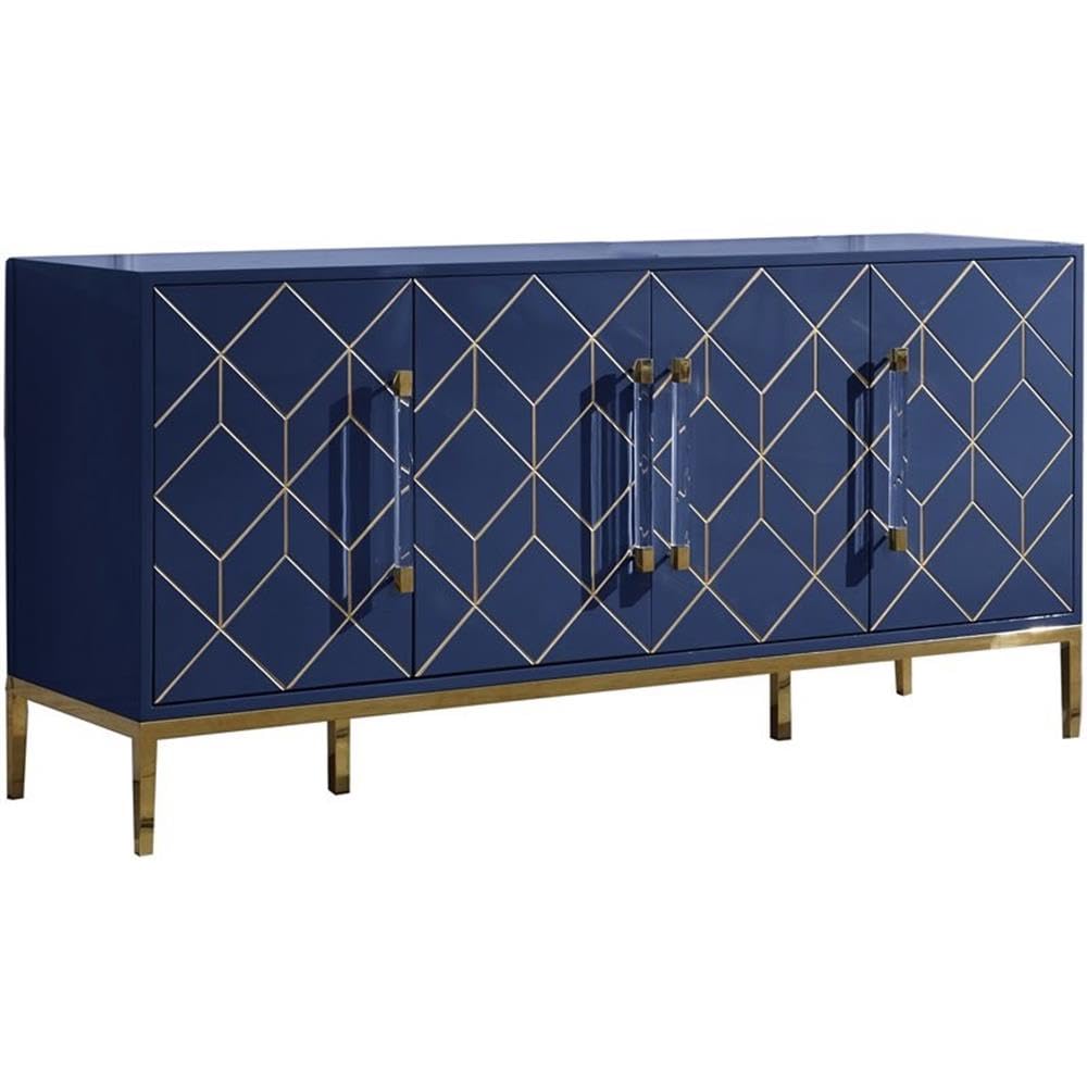 Best Master Furniture Thorne High Gloss Lacquer Sideboard/Buffet With Gold Trim, Navy Blue