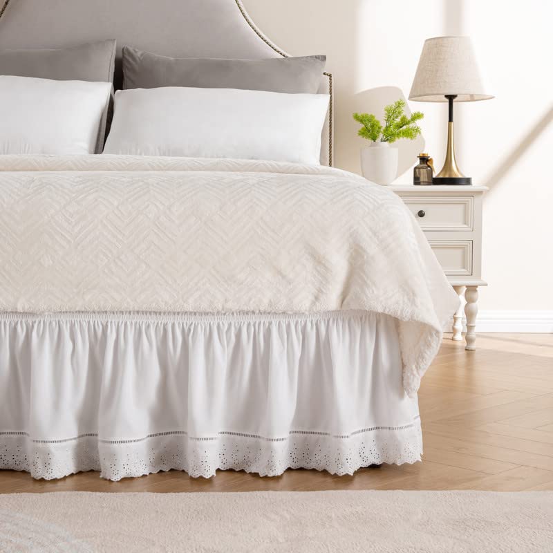 Miye Wrap Around Ruffled Lace Bed Skirt, Elastic Dust Ruffle With Adjustable Belts, Easy To Put On, Bed Frame Cover, Machine Was