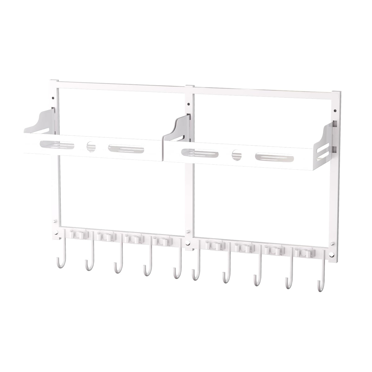 Freexployer Heavy Duty Wall Mount Broom & Mop Organizer with Gripper Hooks & Storage Shelf for Garage, Kitchen, Laundry Room, Wh