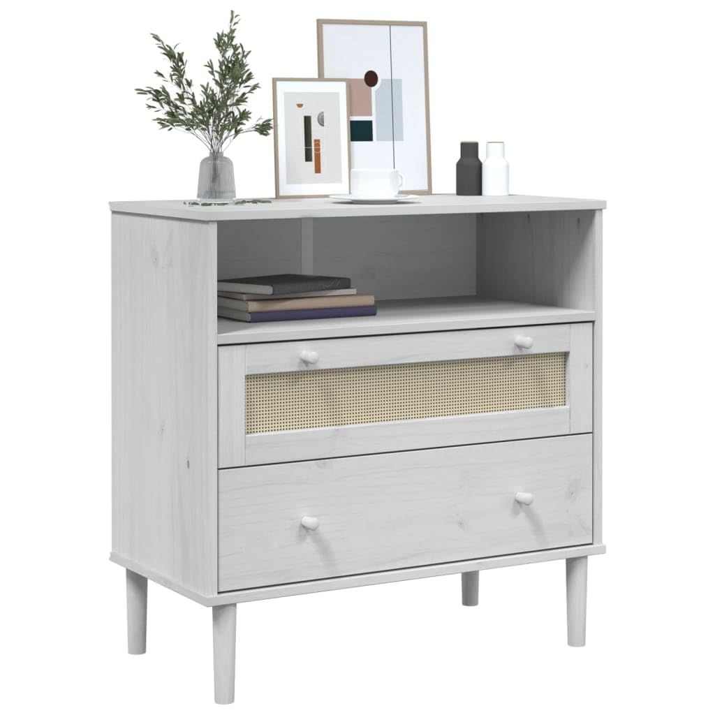 vidaXL Solid Pine Wood Sideboard with Rattan Surface and UV Varnished Finish - White, Ample Storage Space, Sturdy Construction.
