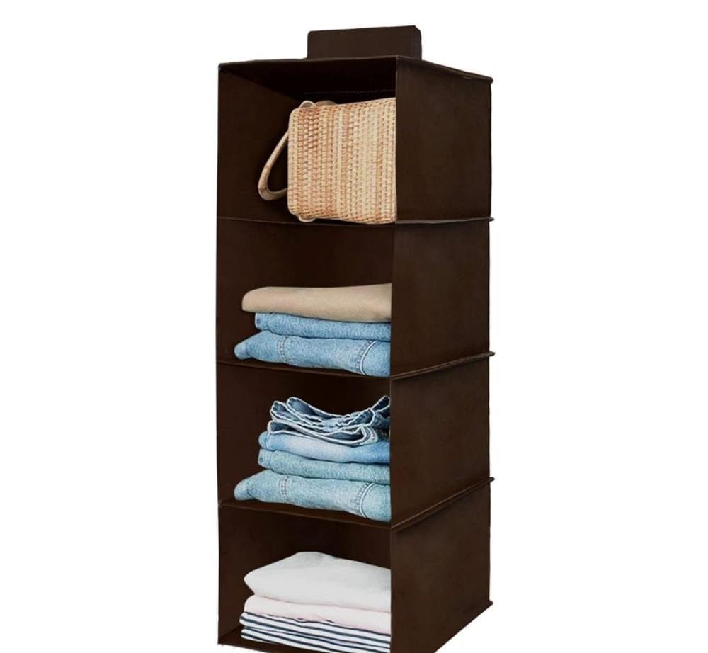 Wudyhome Bags Foldable 4 Layer Wardrobe Hanging Organiser, Space Saving Closet Shelf, Brown, Pack Of 1