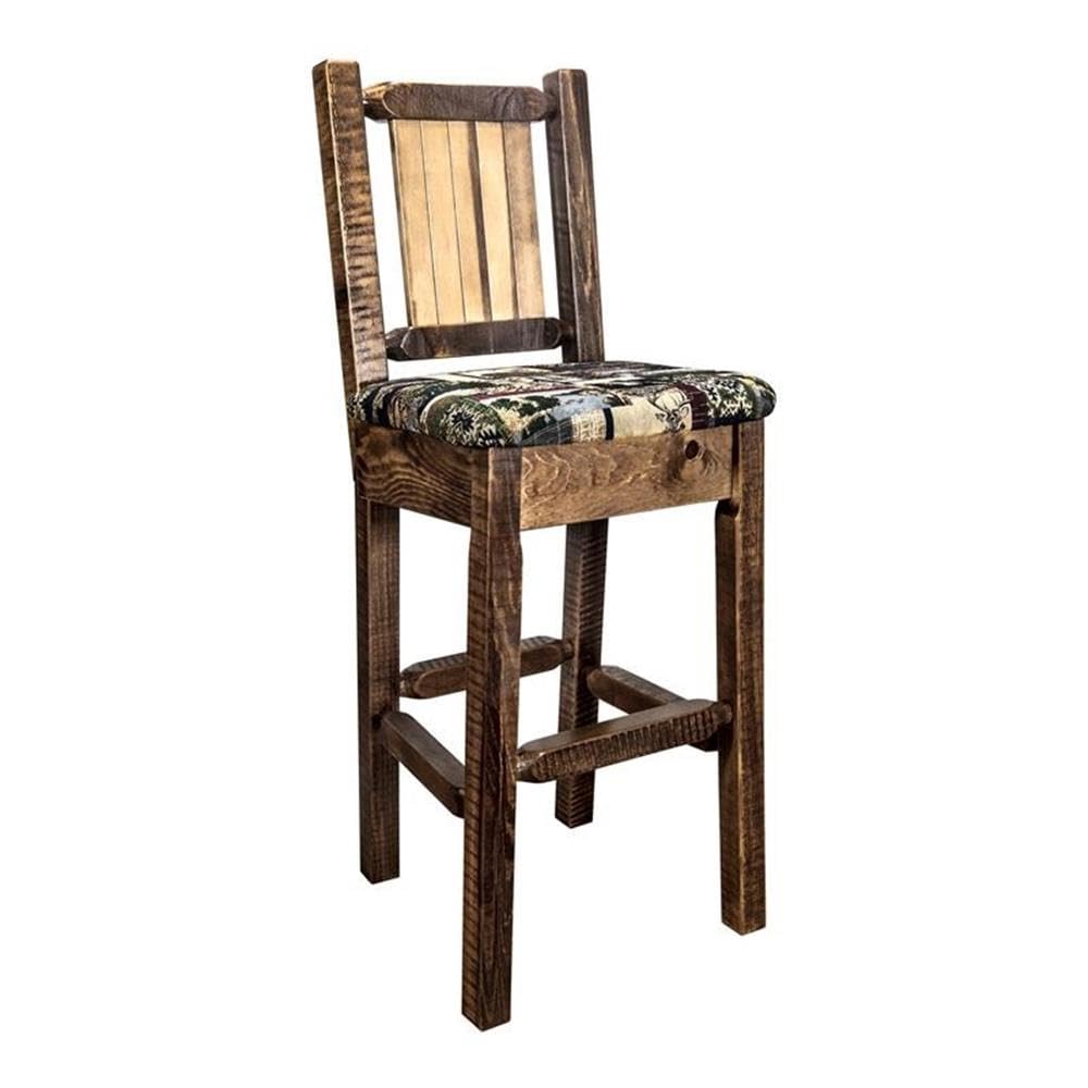 Montana Woodworks Homestead Collection Counter Height Barstool with Upholstered Seat, Woodland Pattern, Laser Engraved Pine Tree Design, Stained & Lacquered