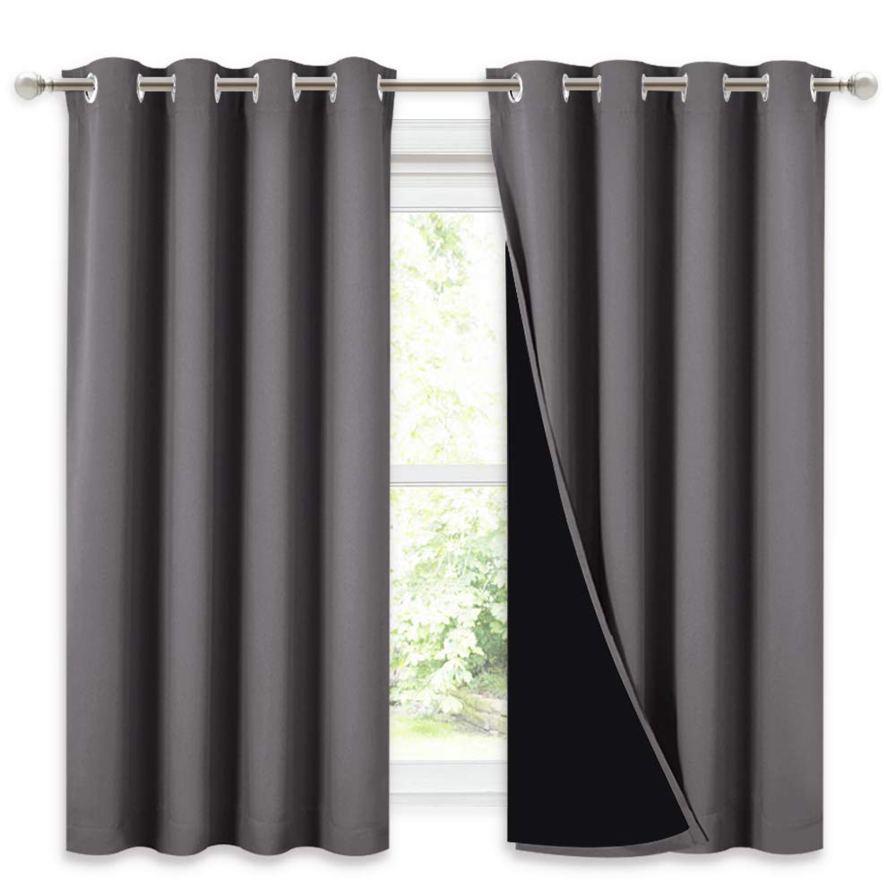 Nicetown 100% Blackout Curtains With Black Liners, Thermal Insulated Full Blackout 2-Layer Lined Drapes, Noise Cancellation Wind