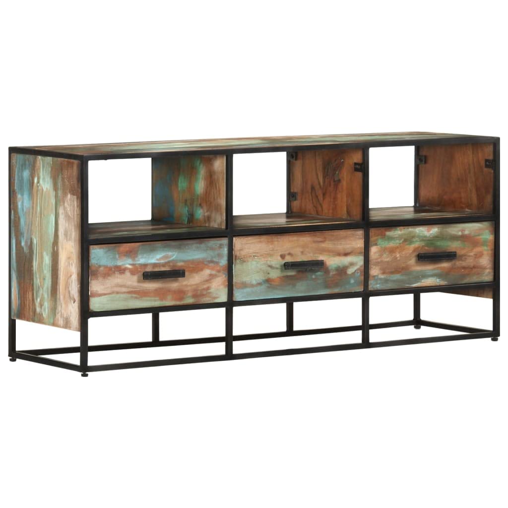 vidaXL Solid Reclaimed Wood TV Stand - Rustic, Industrial Style, 43.3&quot; x 11.8&quot; x 17.7&quot;, with 3 Drawers and 3 Shelves, Earth-Friendly, Handmade, Unique Colors, Stable and Sturdy