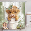 Riyidecor Highland Cow Shower Curtain for Bathroom Decor 72Wx72H Cute Funny Sage Green Western Rustic Country Farm Daisy Floral 