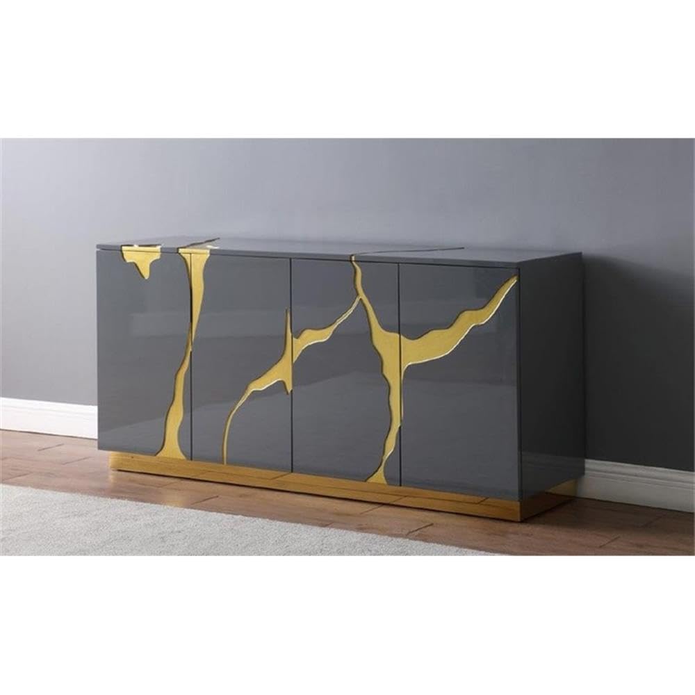 Best Master Furniture Taylor High Gloss Lacquer Sideboard/Buffet With Gold Trim, Grey