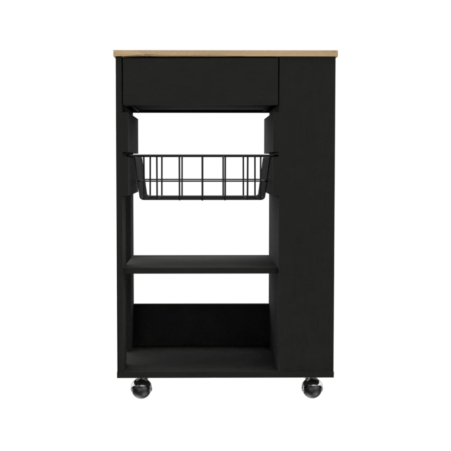 Rosemont Kitchen Cart, 2 Open Shelves, 4 Casters, 1 Drawer, Black/Light Oak