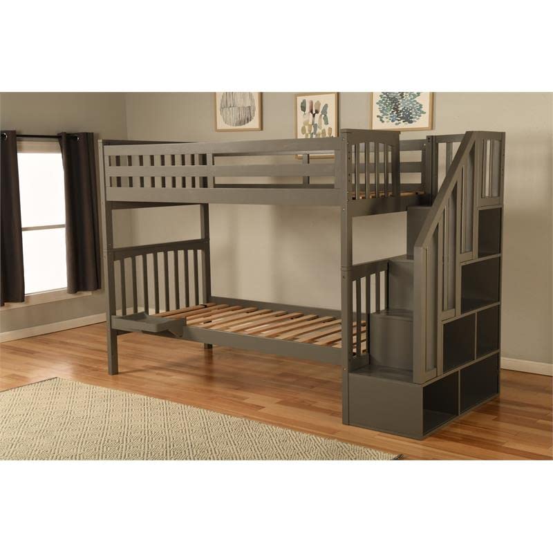 Kodiak Furniture Kelcie Twin/Twin Wood Bunk Bed with Storage and Moveable Tray in Dark Gray