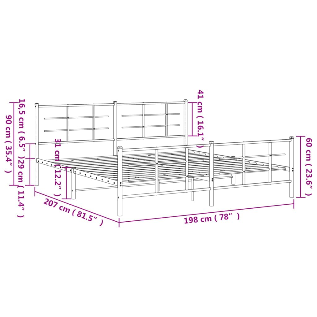vidaXL King Metal Bed Frame with Headboard/Footboard - Black, 76"x79.9" Steel Slatted Base for Bedroom Stability and Under-Bed Storage