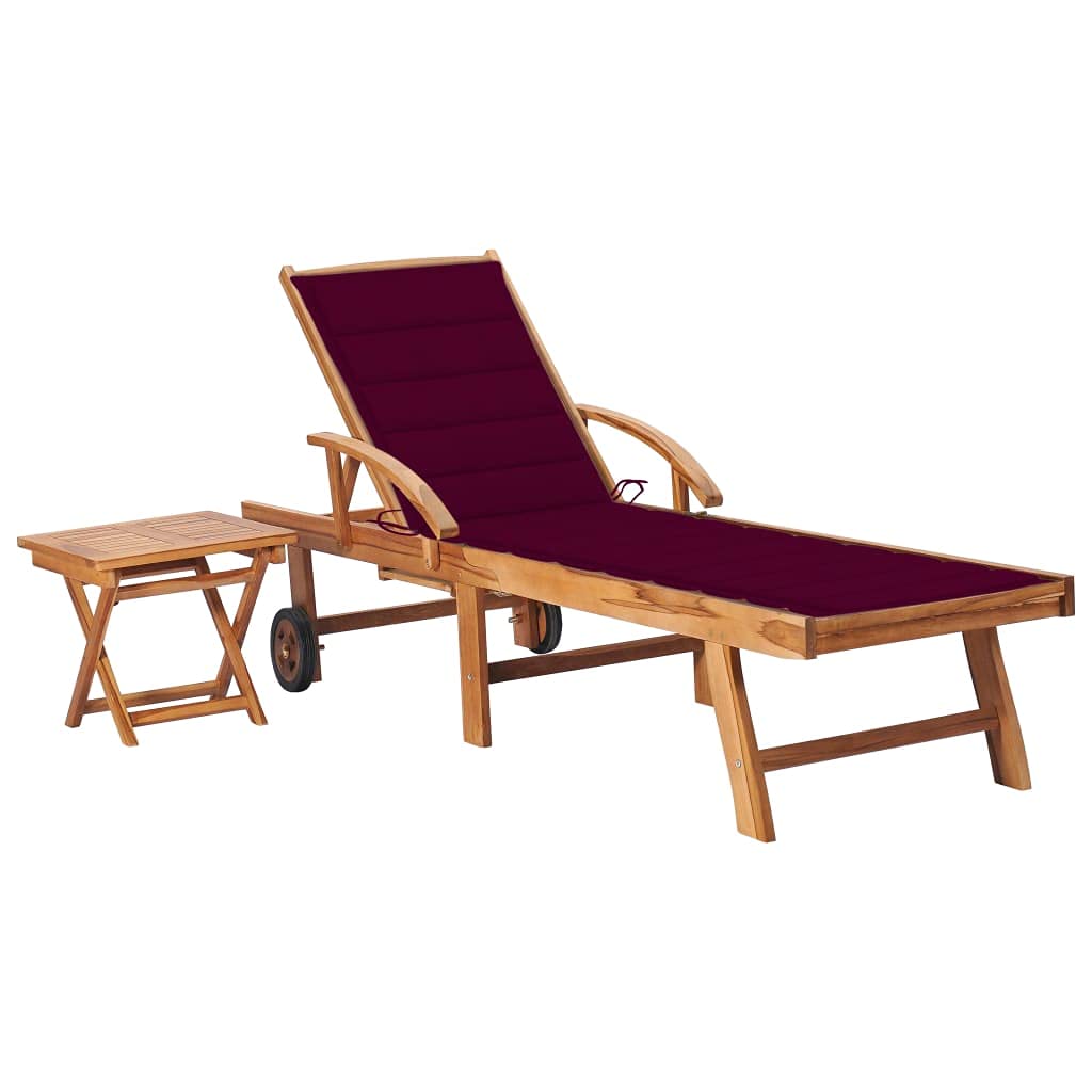 Vidaxl Sun Lounger Chaise Lounge Chair With Cushion And Pull-Out Table - Solid Teak Wood, Adjustable Backrest, With Wheels, Ideal For Garden And Patio