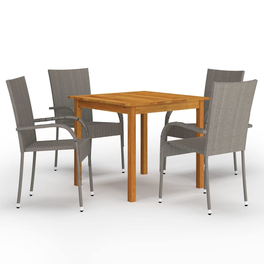 vidaXL 5-Piece Patio Dining Set in Gray - Solid Acacia Wood Table with Oil Finish & Weather-Resistant PE Rattan Chairs - Perfect for Patio, Deck or Garden