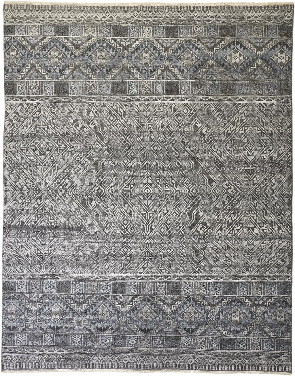 HomeRoots 512566 8 x 10 ft. Gray Ivory & Blue Geometric Hand Knotted Rectangle Area Rug