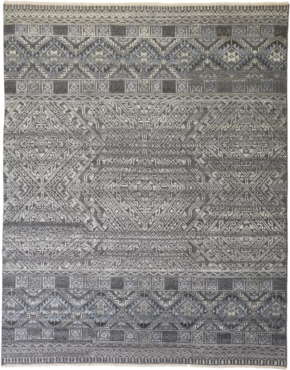 HomeRoots 512566 8 x 10 ft. Gray Ivory & Blue Geometric Hand Knotted Rectangle Area Rug