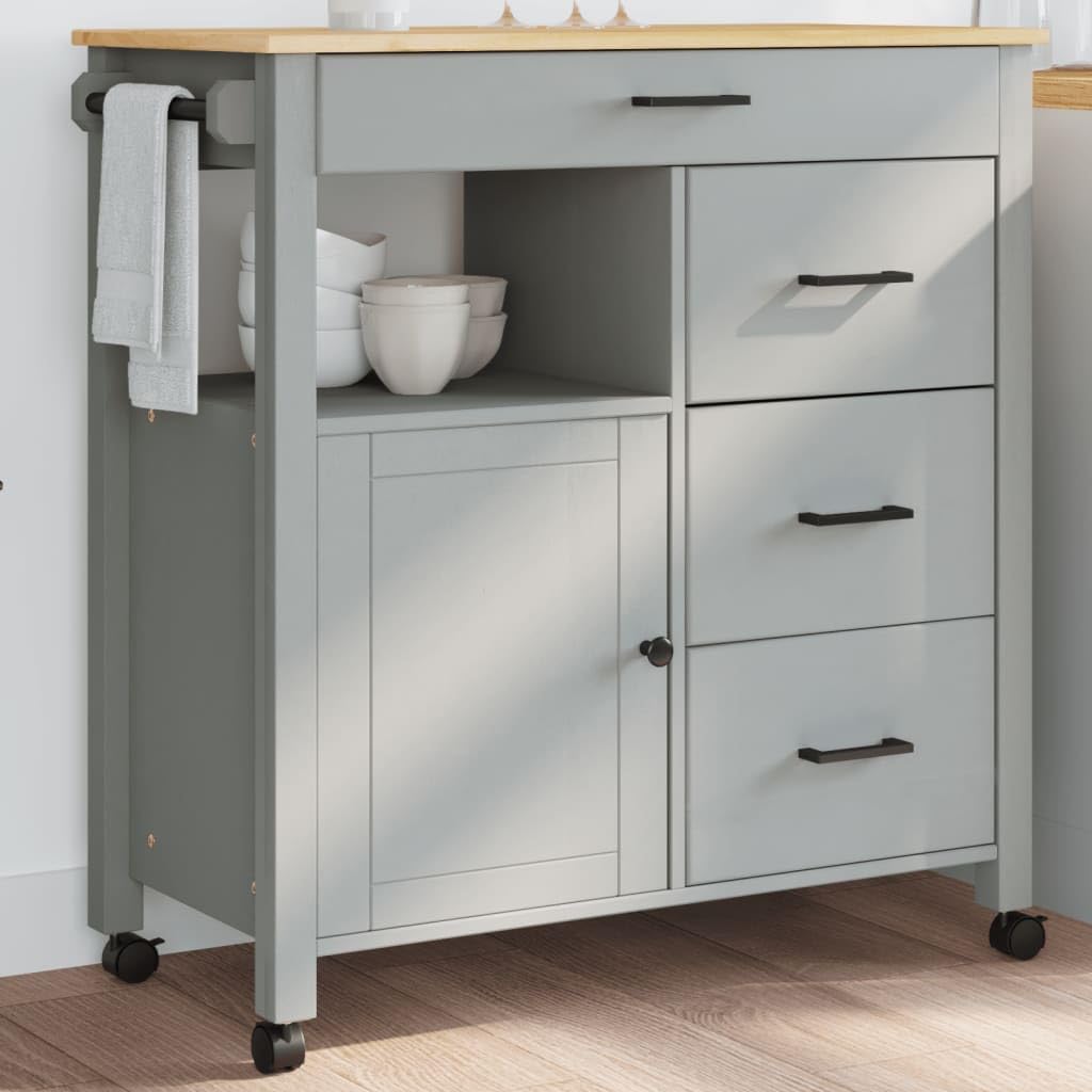 vidaXL Solid Pine Wood Kitchen Trolley - Gray and Honey Wax Finish, Rolling Cart with Storage, 4 Drawers, 1 Door, Side Hooks, Versatile for Living Room/Bathroom, 33.1” L