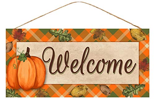 Rustic Pumpkin Fall Welcome Sign - 12.5 x 6', Autumn Front Door Decor, Argyle Background, Falling Leaves, Halloween, Thanksgivi