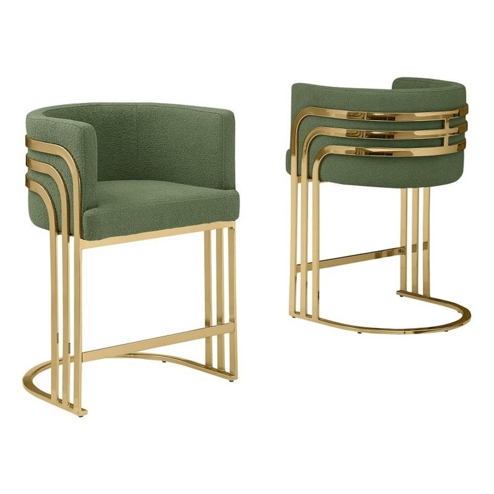 Best Quality Furniture Modern Teddy Fabric Counter Height Stools with Chrome Legs - Green - Elegant Barrel Design with Gold Frame - Set of 2 - Perfect for Dining Room, Bar, Office, or Living Room