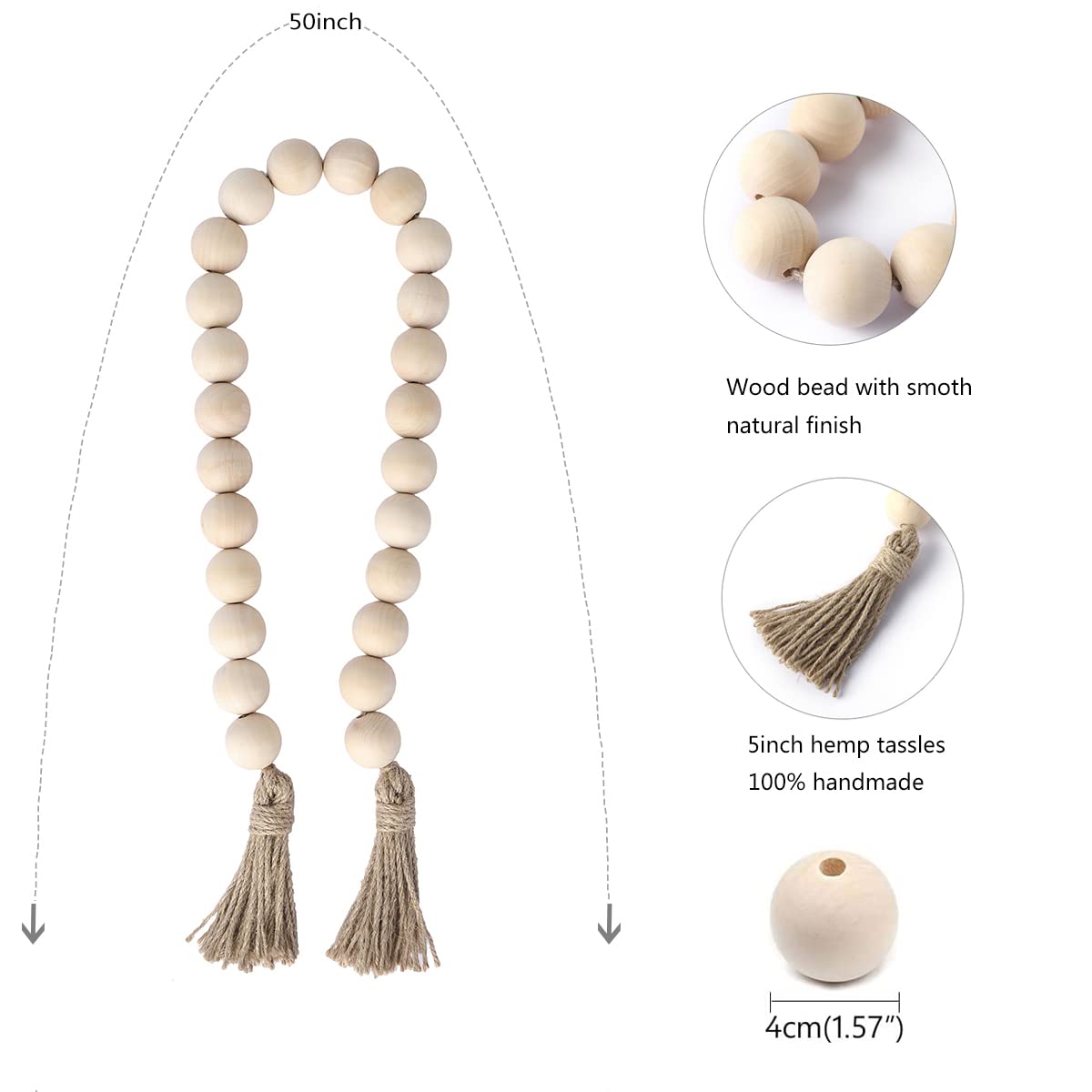 Farmhouse Decor Large Wood Bead Garland 50Inch Long With 1.6'' Diameter Beads, Natural Wooden Beads Decor With Tassels Decorativ
