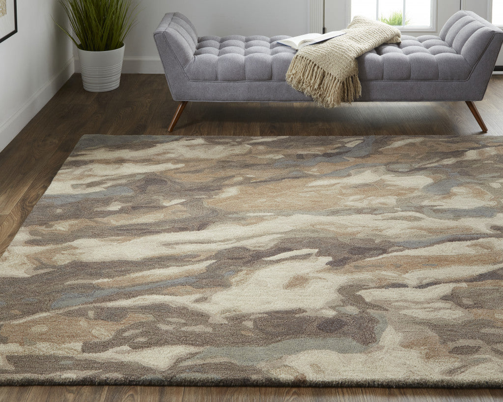 HomeRoots 512733 9 x 12 ft. Brown Gray & Tan Wool Abstract Hand Tufted Handmade Stain Resistant Rectangle Area Rug