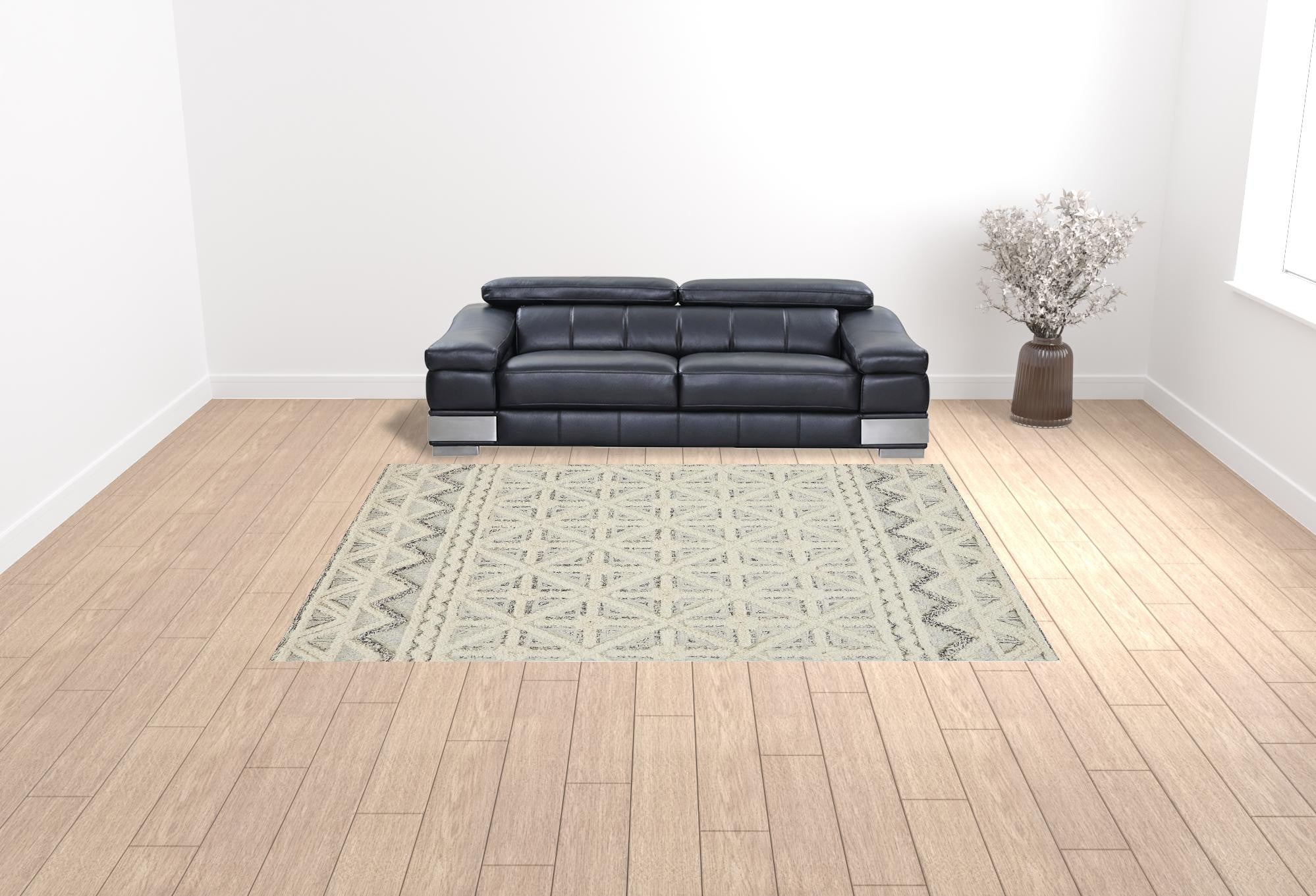 HomeRoots 512784 9 x 12 ft. Ivory & Black Wool Geometric Hand Tufted Handmade Stain Resistant Rectangle Area Rug