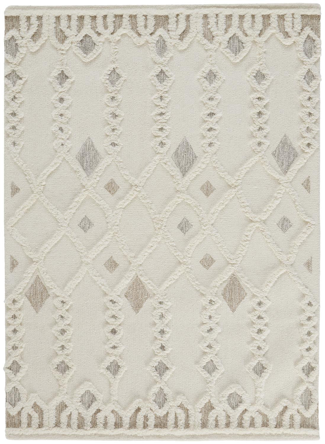 HomeRoots 512805 9 x 12 ft. Ivory Tan & Silver Wool Geometric Hand Tufted Handmade Stain Resistant Rectangle Area Rug