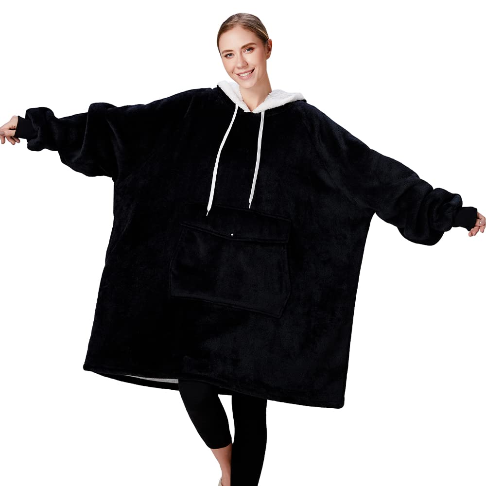 Qeils Oversized Wearable Blanket Hoodie, Comfy Sherpa Sweatshirt Pullover Jacket (Large Pocket, Black, Adult)