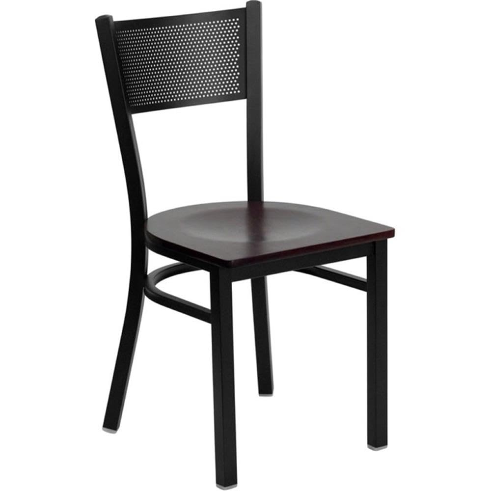 Flash Furniture Hercules Series Black Grid Back Metal Restaurant Chair - Mahogany Wood Seat