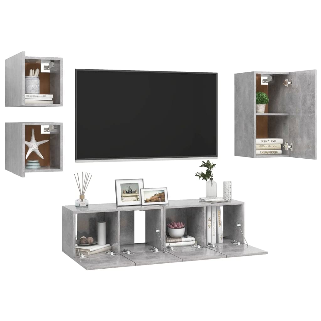 vidaXL TV Cabinet Set 5 Piece Home Indoor Hanging Wall-Mounted Stereo Plasma HiFi Cabinet TV Stand Unit Furniture Concrete Gray Engineered Wood