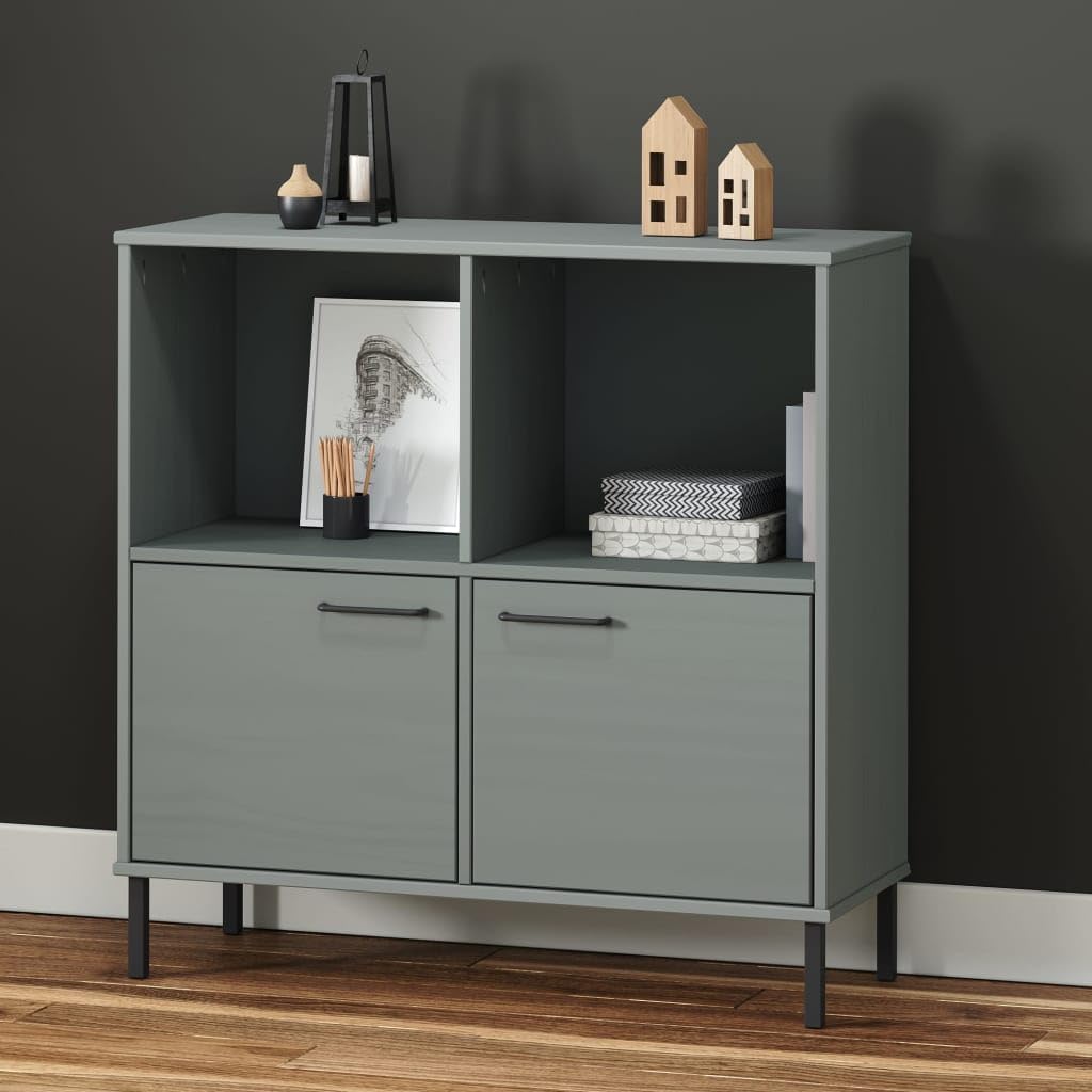vidaXL Oslo Gray Solid Wood Bookcase with Metal Legs, Easy Assembly and Rustic Finish, Ideal for Organizing Books, Magazines, and Documents