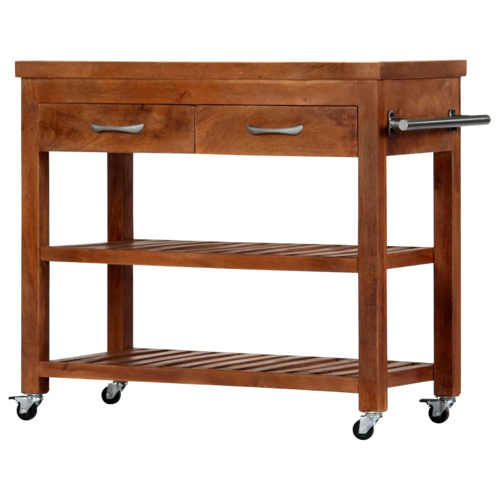 vidaXL Mobile Solid Acacia Wood Kitchen Trolley 39.4"x18.9"x35" with Drawers, Shelves, and Towel Rack - Multipurpose Rolling Island