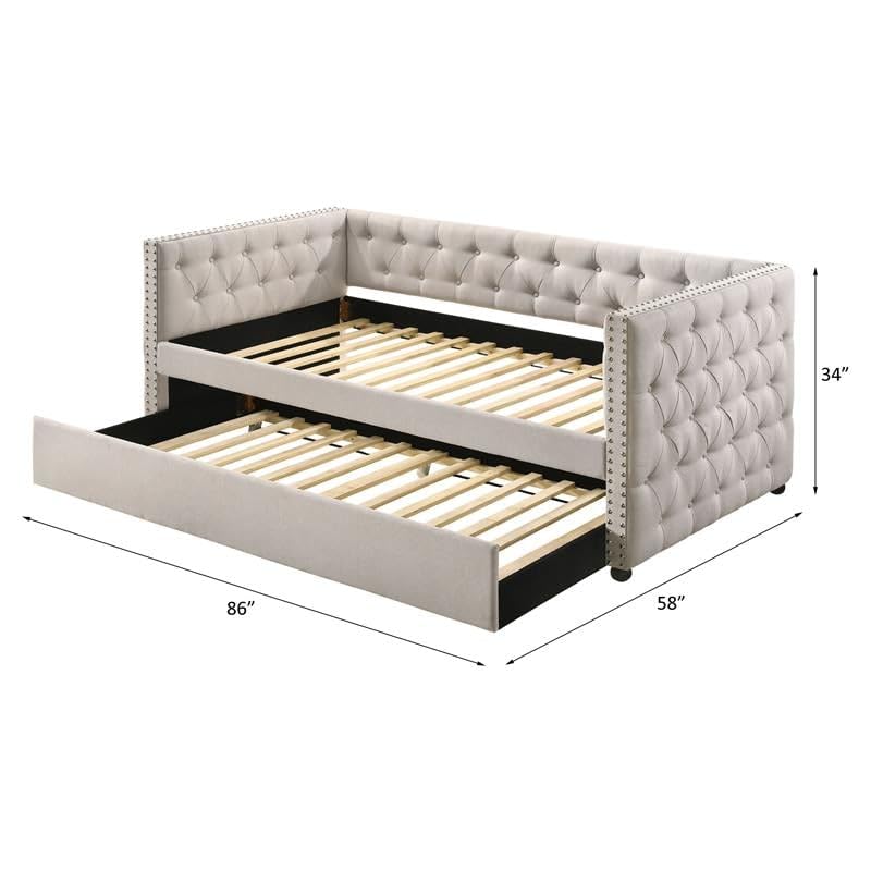 Acme Romona Button Tufted Fabric Upholstered Full Daybed and Trundle in Beige