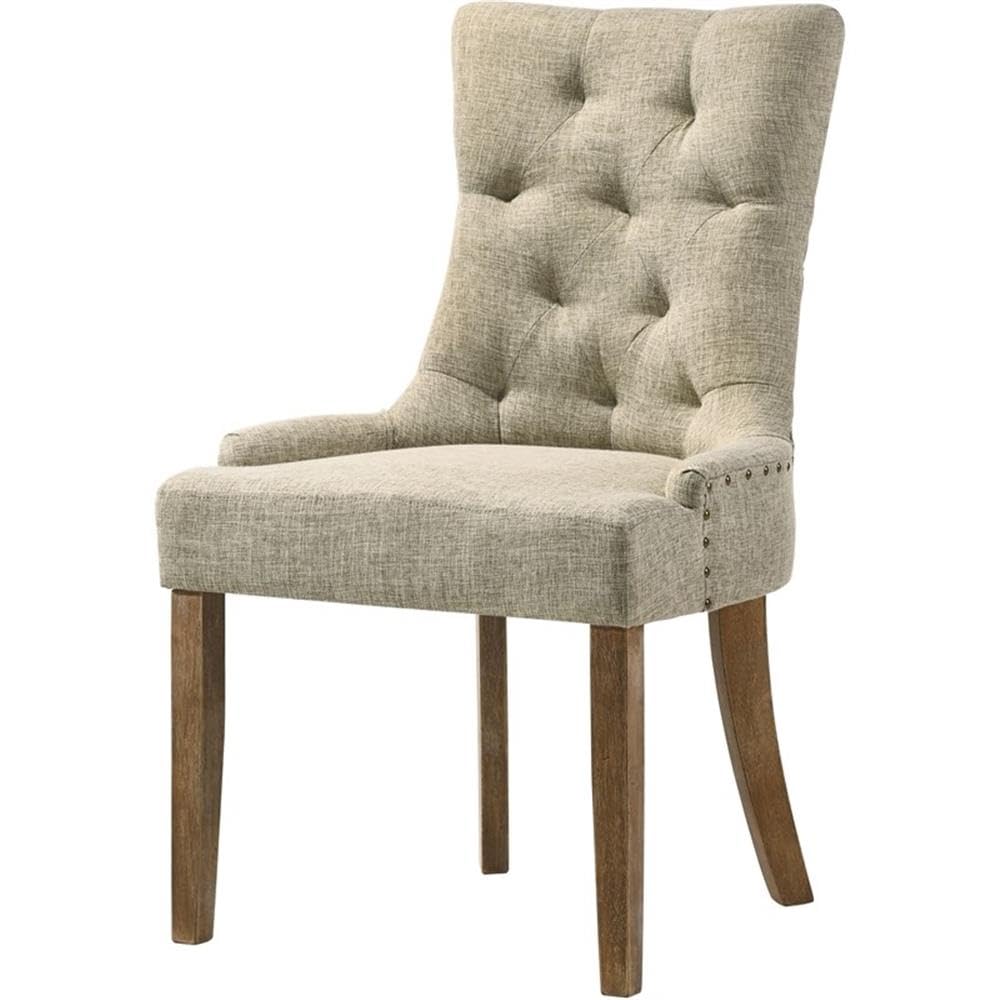 Acme Yotam Fabric Tufted Nail-Head Trim Side Chair in Beige and Salvaged Oak