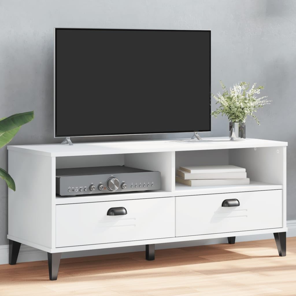 vidaXL VIKEN White TV Cabinet - Solid Pine & Engineered Wood, 106cm Media Stand with Drawers/Compartments, Elegant Living Room/Bedroom Furniture