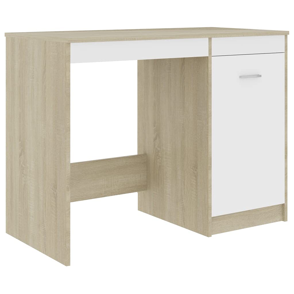 vidaXL Desk, Standing Computer Desk with Shelves, Home Office Desk, Workstation for Living Room, Scandinavian, White and Sonoma Oak Engineered Wood